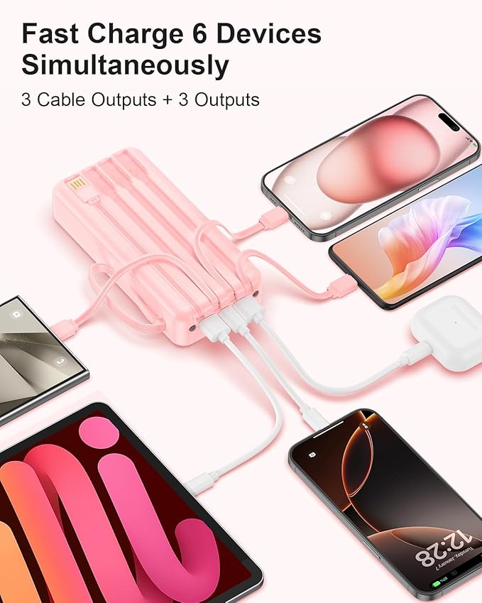 Portable Charger with Built in Cables, Slim 20000mAh Fast Charging 22.5W Power Bank USB C LED Display Battery Pack 6 Outputs & 2 Inputs for iPhone Samsung Pixel LG Moto iPad