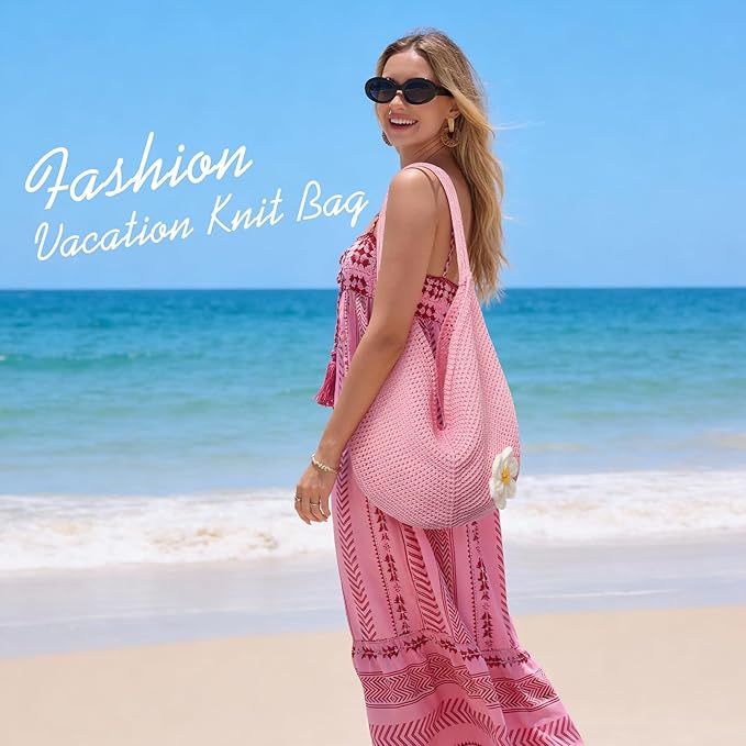 Premillow Crochet Beach Bags for Women, Summer Beach Tote Bag, Mesh Cute Beach Purse, Aesthetic Knit Bag Handbag Shoulder Bag
