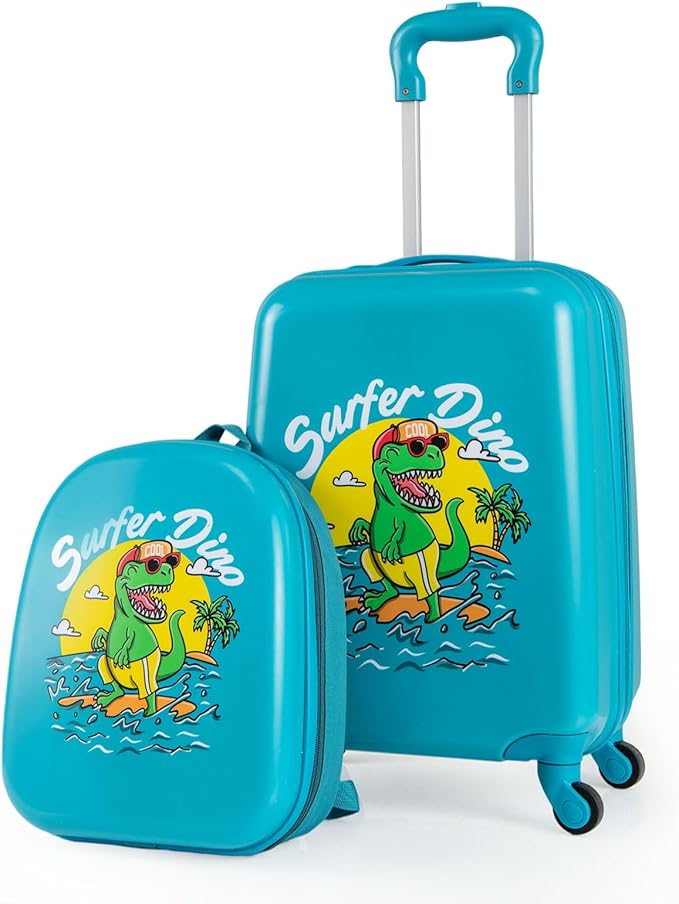 Goplus 2 PCS Kids Luggage, 13" & 16" Carry-on Suitcase w/Spinner Wheels, Telescopic Handle, Hard Shell Rolling Trolley Luggage for Toddler Boys Girls Travel, Airline Approved (Blue, Dinosaur)