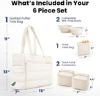 rubyloo Puffer Dog Travel Bag for Dog Moms – Doggy Diaper Bag with Pet Bowls & Food Storage or Everyday Puffy Tote – Doggy Mom Gifts for Women – Lightweight, Travel-Ready Gift for Pet Lovers – Beige