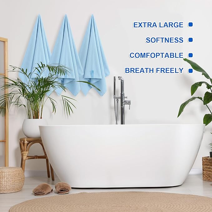 EBOOT 10 Pack Oversized Beach Towel Set Extra Large Pool Towels Microfiber Quick Dry Swim Blanket for Adult Women Men Face Hand Body Bath Travel Pool(Light Blue,31 x 63 Inch,Micro Stripe)