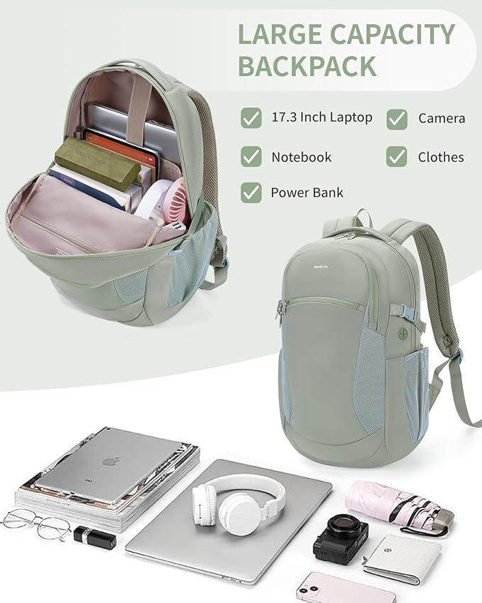 ECOHUB 17" Laptop Backpacks with Laptop Compartment Work Backpack Women Lightweight & Water Resistant Travel Backpack,Green