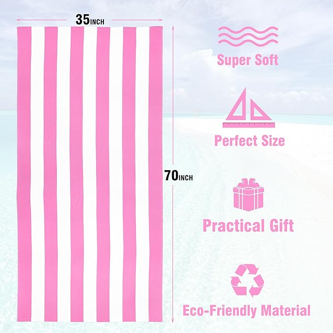 HENBAY Large Oversized Beach Towel - 35 x 70 Inch Microfiber Pool Towel, Pink Striped Quick Dry Cabana Swim Towel