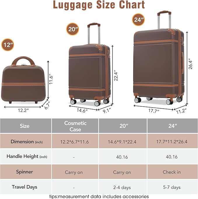 Luggage Sets, 2 Piece Carry on Luggage Set with Travel Bag, 2 Piece Expandable Spinner Hardshell Suitcase with TSA Lock, Back to School Suitcase, Women Men (Brown, 20/24 inch+Cosmetic Case)