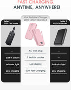 Portable Charger, 20000mAh PD20W Fast Charging Power Bank with Built-in Cables & Wall Plug, External Battery Pack with LED Display, Travel Essentials Battery Bank for iPhone, iPad, Samsung Fairy Pink