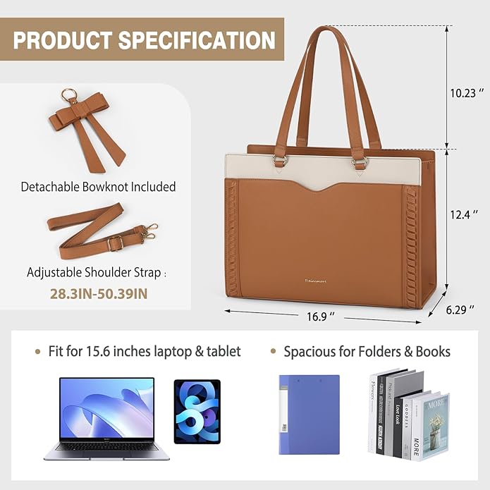 RAINSMORE Laptop Bag for Women 15.6 Inch Work Tote Bag with Detachable Strap & Bow Professional Laptop Tote with Cup Holder