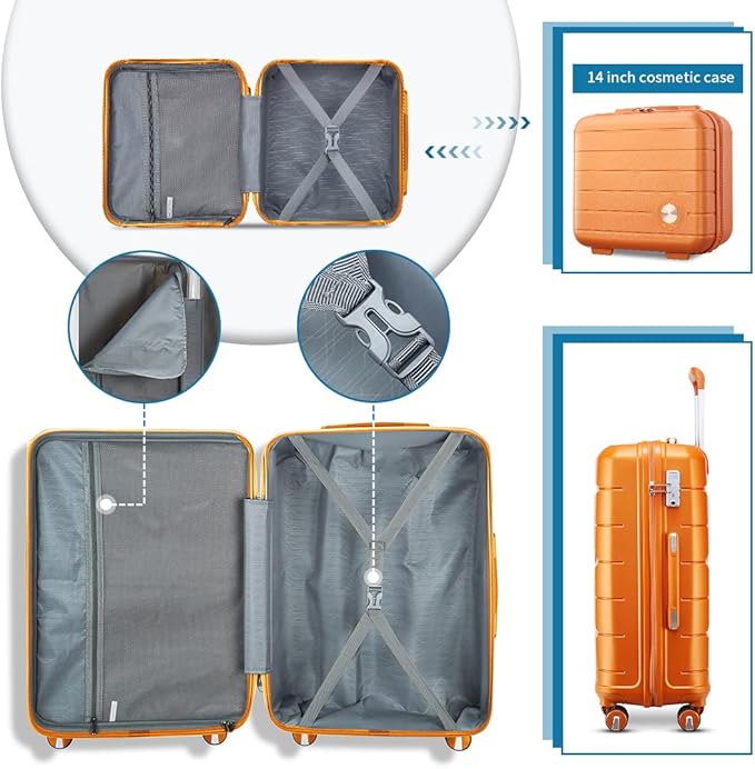 Somago Luggage Sets 3 Piece Hard Shell Polypropylene Suitcase with TSA Lock Spinner Carry On Luggage with Beauty Case Travel Set,Sunset Orange