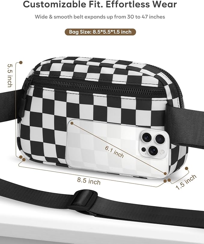 Pritent Fanny Packs for Women Cross Body Bag Waterproof Belt Bag with Adjustable Strap and Zipper Back Pocket Small Crossbody Bags Fashion Waist Packs for Workout Travelling(Checkered Black)