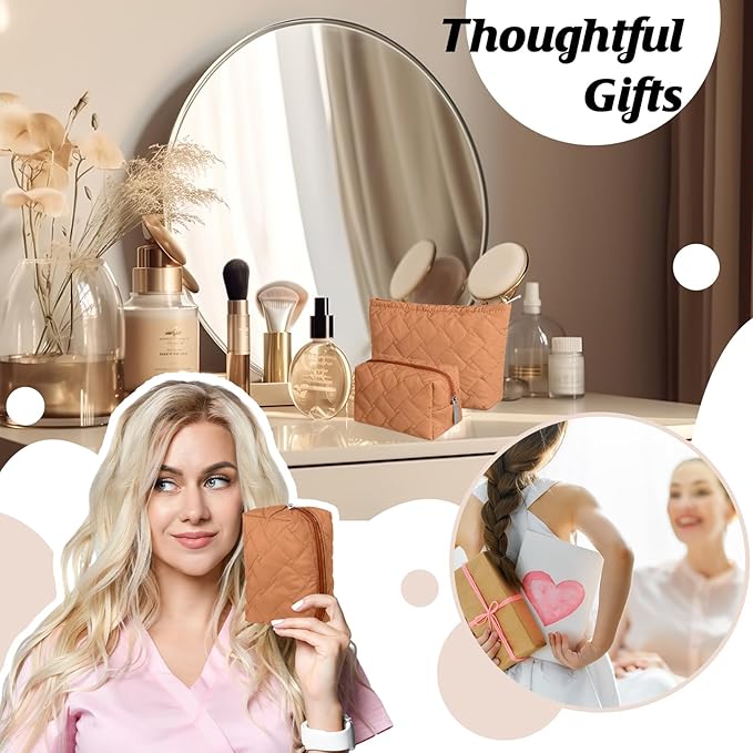 Huhumy 2 Pc Christmas Gift Makeup Bag Set Cute Quilted Cosmetic Pouch for Women Travel Toiletry Bag Preppy Small Makeup Purse Pouch Skincare Brushes Storage Organizer Pencil Case Set(Brown)