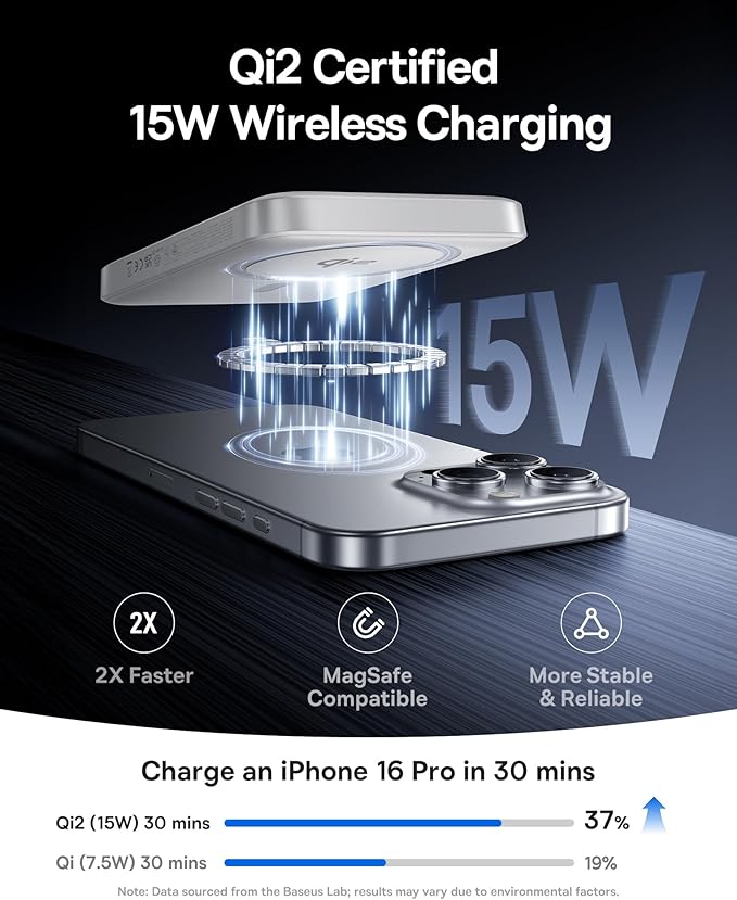 Baseus 45W Ultra Slim 10000mAh Power Bank Built-in Dual USB-C Cables Bundle with Qi2 Certified 15W Wireless Magnetic Power Bank 10000mAh with USB-C Cable 22.5W PD Charging