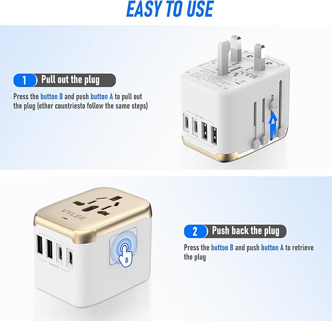VYLEE Universal International Power Travel Plug Adapter, 5 in 1 European Travel Plug Adapter W/ 3.5A 2xUSB-A and 2xUSB C Wall Charger and Worldwide AC Outlet for Europe USA UK AUS Asia (White Gold)