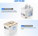 VYLEE Universal International Power Travel Plug Adapter, 5 in 1 European Travel Plug Adapter W/ 3.5A 2xUSB-A and 2xUSB C Wall Charger and Worldwide AC Outlet for Europe USA UK AUS Asia (White Gold)
