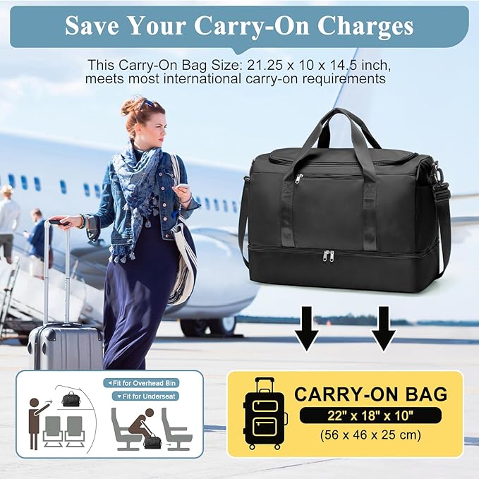Extra Large Travel Duffle Bag,Carry on Overnight Weekend Bag with Shoes Compartment,Weekender Bags for Women for Travel Business Trips Sport Hospital,3 Pcs Set,Black