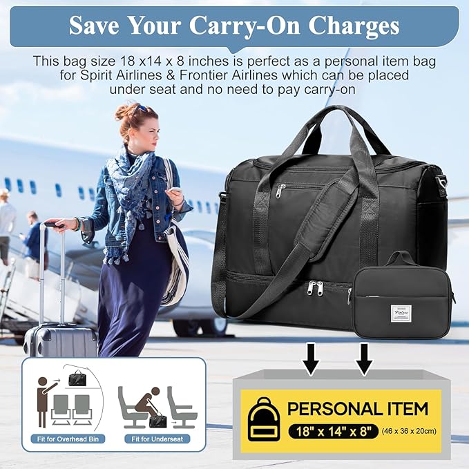 Travel Duffel Bag for Women, Carry-on Overnight Weekender Bags with Wet Pocket & Toiletry Bag, For Spirit Airlines 18x14x8 Personal Item Bag,Small,Black