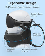 YFONG Travel Pillow for Long Flight Airplane, Head Strap Combo with 3D Contoured Sleep Eye Mask, Neck Pillow for Travel Essential, 360° Support Memory Foam Headrest, Prevent Bobbing, Drawstrap - Black