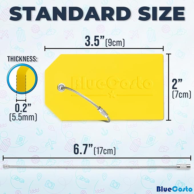 BlueCosto - Luggage Tags - Large, Yellow, 5 PK - PVC Suitcase Tags w/Privacy Cover & Stainless Steel Wire Loops - Personalized Baggage Identifiers for Travel - Backpack Name Labels