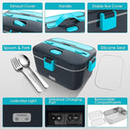 COZYEXPERT Electric-Lunch-Box-Heated-Food-Warmer 100W Heating Lunchbox for Adults 1.8L Portable Food Heater for Work/Car, 12V/24V/110-230V Lonchera Eléctrica Portátil with Fork Spoon (Gray+Blue)