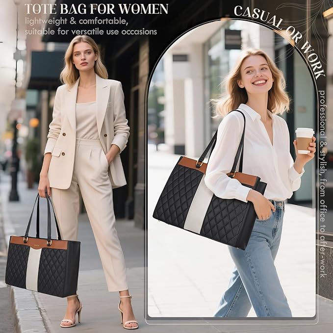 RAINSMORE Laptop Bag for Women 15.6 Inch Work Tote Bags Leather Laptop Tote Professional Laptop Purse Computer Handbag Womens Briefcase Tote with Clutch for Teacher Office Travel, Black Brown & White
