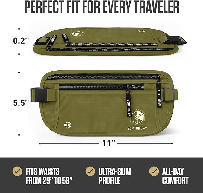 VENTURE 4TH Money Belt for Travel – Slim Hidden Under-Clothes RFID Blocking Anti-Theft Passport Holder & Travel Wallet Pouch for Men & Women to Protect Cash, Cards & Documents (Green)