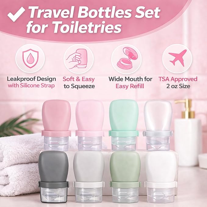 2 oz Travel Bottles, Leakproof Silicone Squeeze Bottle Mini Travel Size Container for Toiletries Lotion Shampoo and Conditioner Liquid Salad Dressing to go Condiment, TSA Approved, 4 Pack