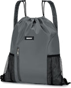 WANDF Drawstring Backpack with Shoulder Pad Sports Gym Backpack with Mesh Pocket String Bag for Women Men(Grey)