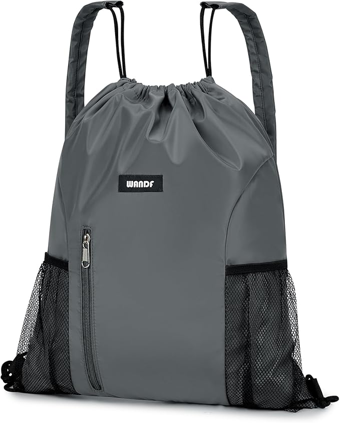 WANDF Drawstring Backpack with Shoulder Pad Sports Gym Backpack with Mesh Pocket String Bag for Women Men(Grey)