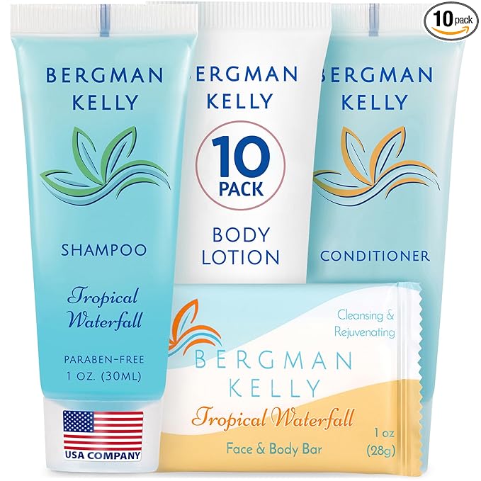 Bergman Kelly Hotel Toiletries Bundle (Tropical Waterfall, 1 oz each, 40 Pcs) 4-Piece Set: 10 Rectangular Bar Soap, 10 Shampoo, 10 Conditioner & 10 Body Lotion - Bulk Mini Guest Amenities Supply