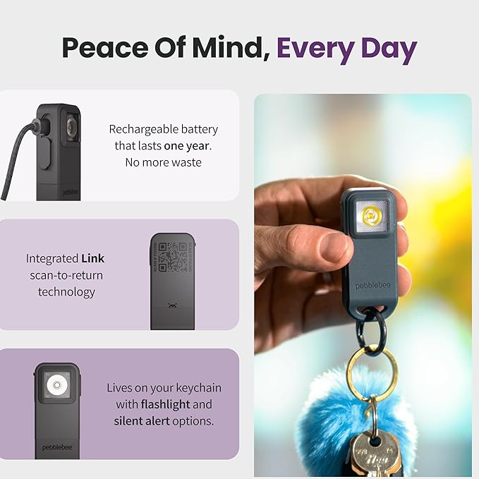 Pebblebee Halo Personal Safety Alarm | Loud Siren & Strobe Lights with Location Sharing, Rechargeable Safety Keychain Device with Flashlight | Works with Apple Find My & Google Find Hub
