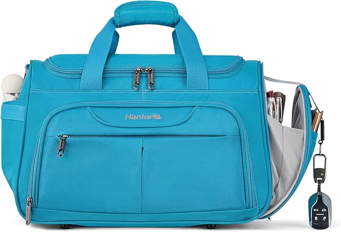 Hanke Small Travel Duffel Bag, Under Seat Carry On Personal Item Bag with 11 Pockets, Lightweight Water Resistant Foldable Weekender Bag with Trolley Sleeve for Travel Gym Daily Use（Caribbean Blue）