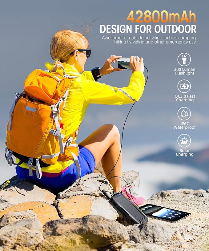 Mregb Solar Charger Power Bank 42800mAh, Portable Charger, Solar Power Bank,External Battery Pack 5V3.1A Qc 3.0 Fast Charger Built-in Super Bright Flashlight (Black)