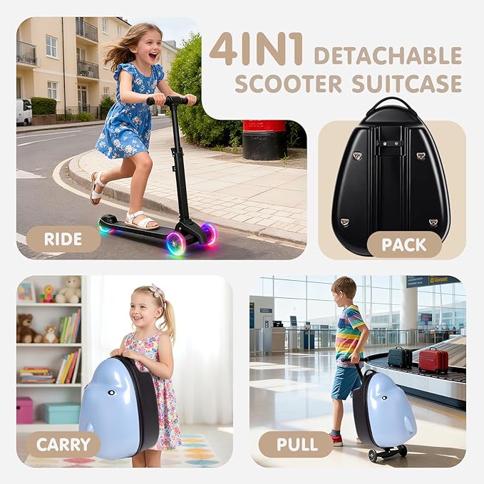 smilesun 4-in-1 Detachable Scooter Suitcase for Kids & Teens – 3D Owl/Dolphin Hardside Ride-On Luggage, Lightweight Foldable Design, Unique Travel Gift for Children (Cute Dolphin, 22-inch)