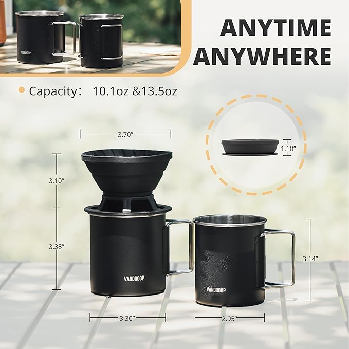 Vandroop Portable Pour Over Coffee Maker Set, Collapsible Silicone Coffee Dripper Set, Perfect for Travel, Camping, Home (BLACK CUP 2CUP)