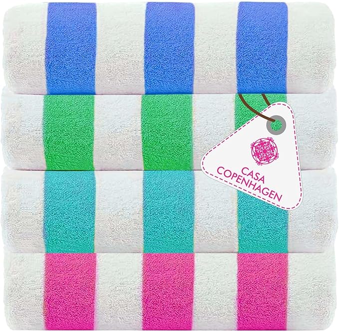 CASA COPENHAGEN Cabana Towel 4Pcs Multicolour Designer Stripe Beach Towels Gift Set, 30"x60" Oversized 100% Cotton Pool Bath Towel for Beach Gift Set (Perfect Summer Gift Set for Women & Men)