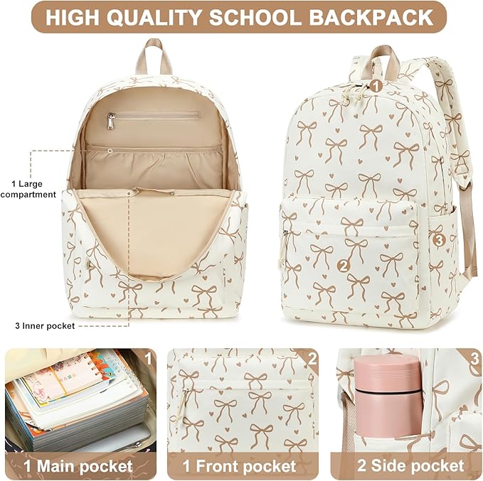 LOIDOU Backpack for Girls School Backpacks Bookbags for Elementary Middle School Women Laptop Backpacks (Bow Tie Brown, L-17)