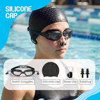 Tallew Swim Goggles Swimming Cap Set with Earplugs, Nose Clip and Case Silicone Swim Hat Waterproof Chlorine Resistant