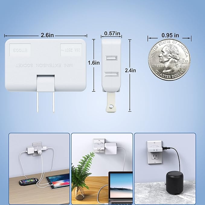 ETwinCoo 3 Way Flat Wall Outlet Extender Safe AC Adapter - 2-Prong Swivel Mini Indoor Wall Tap Plug, Outlet Splitter (Quick & Easy Install) Perfect for Home and Travel, Type A, White (3 Pack)