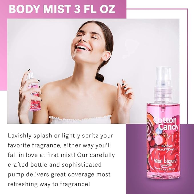 Cotton Candy Bath & Body Travel Kit, 3 Fl Oz, Ideal Skincare Gift Home Spa Set, Includes Shower Gel, Body Lotion and Fragrance Mist, Birthday Mother's Valentine's Day Gifts for Her