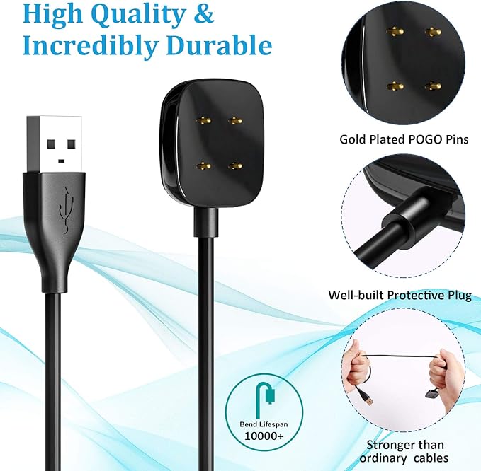 Maledan Compatible with Fitbit Sense & Fitbit Versa 4 Charger Replacement USB Charging Cable Dock Stand for Sense 2/Sense/Versa 4/Versa 3 Smartwatch, 2 Pack 3.3Ft Durable Portable Charger Dock Cord
