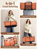 Lekesky Foldable Travel Duffel Bag for Women, 80L Large Duffle Bag with Separate Shoes Compartments & Straps, Carry On Weekend Bag for Women, Hospital, Overnight(Orange)