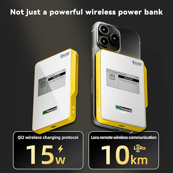 Heltec Meshtastic & LoRa Compatible Magnetic Power Bank with nRF52840 and SX1262 Chips E-Ink Display, Wireless Charging 5000mAh for Outdoor Emergency - MeshPocket Qi2 (Yellow)