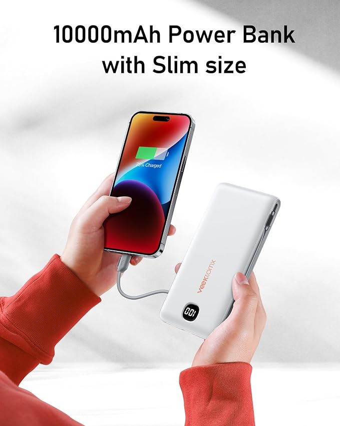 Portable Charger for iPhone Built in Cables and Wall Plug 10000mAh, Power Bank for Phone, USB C Slim Battery Pack with LED Display Compatible with iPhone 17/16/15/14, Samsung