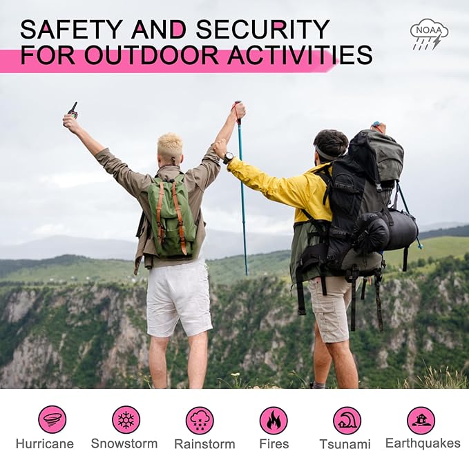 MaxTalker Walkie Talkies Long Range for Adult, MT10 Rechargeable Walkie Talkies FRS Two Way Radio, NOAA, 1200mAh Li-ion Battery USB-C Cable, LED Flashlight,VOX Walkie Talkie for Camping 2Pack (Pink)