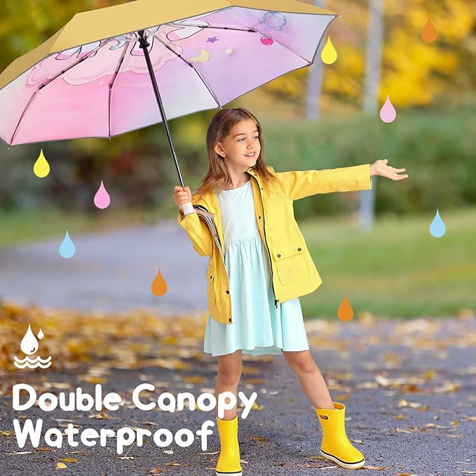 Kids Umbrella for Boys Girls, Yellow Cute Cartoon Automatic Folding Travel Umbrella with Reflective Stripe, Double Canopy Waterproof, 8 Ribs Windproof, Compact Rain Gear