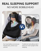 Travel Pillow and Blanket Set, Compact Airplane Pillow Bag with Eye Mask for Long Flights Sleeping, 360° Support Head Strap Travel Essentials for Plane Car Sleep Neck Upright, Stop Head Drop(Grey)