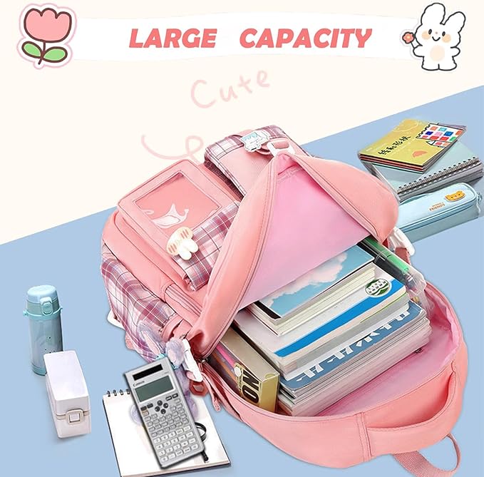 PRLINJSK Girls Backpack，Cute School Backpack for Girls Kids Teens，Kawaii Bookbag for Primary Elementary，Pink