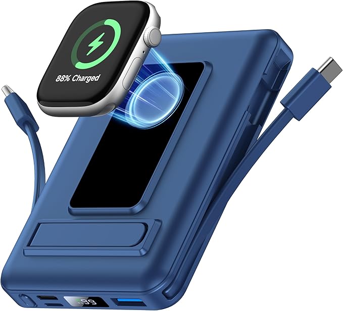 for Magsafe Battery Pack, 10000mAh Power Bank for iPhone with Built-in Cables, 20W Fast Charging Magnetic Wireless Portable Charger with Stand for iPhone 17/16/15/14/13/12/Apple Watch Series