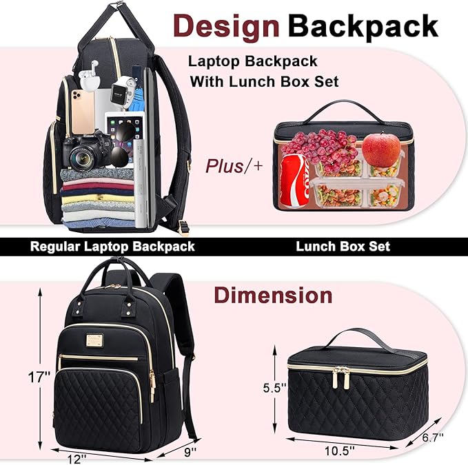 Weitars Lunch Backpack for Women,15.6 Inch Laptop Backpacks Travel Backpack for Women,Work Back pack,Teacher Nurse Back pack Insulated Lunchbox Backpacks