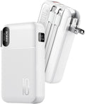 RORRY Portable Charger Built in Cables, AC Wall Plug In Portable Charger Power Bank 10000mAh Travel Battery Pack 22.5W Fast Charging for iPhone 17/16/15 Samsung Galaxy S25/S24/S23 Pixel LG iPad, White