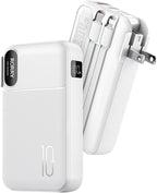 RORRY Portable Charger Built in Cables, AC Wall Plug In Portable Charger Power Bank 10000mAh Travel Battery Pack 22.5W Fast Charging for iPhone 17/16/15 Samsung Galaxy S25/S24/S23 Pixel LG iPad, White