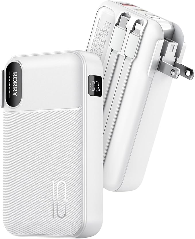 RORRY Portable Charger Built in Cables, AC Wall Plug In Portable Charger Power Bank 10000mAh Travel Battery Pack 22.5W Fast Charging for iPhone 17/16/15 Samsung Galaxy S25/S24/S23 Pixel LG iPad, White